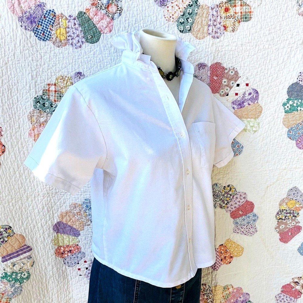 Upcycled Schoolgirl Crisp Preppy White Ruffle Collar Cuffed Short Sleeve Shirt S